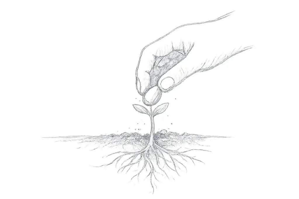 Illustration au crayon d’une main plantant une graine avec ses racines visibles, symbolisant une méthode centrée sur l’intention et les fondations.