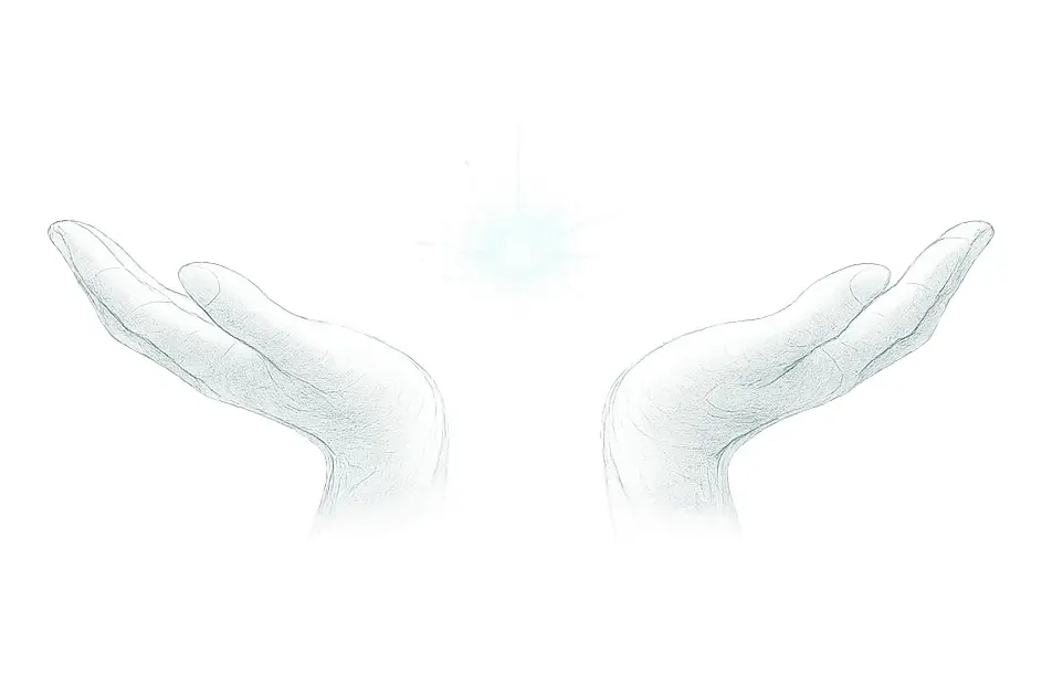 Illustration au crayon de deux mains ouvertes tenant une lumière turquoise, symbole de confiance et de collaboration.