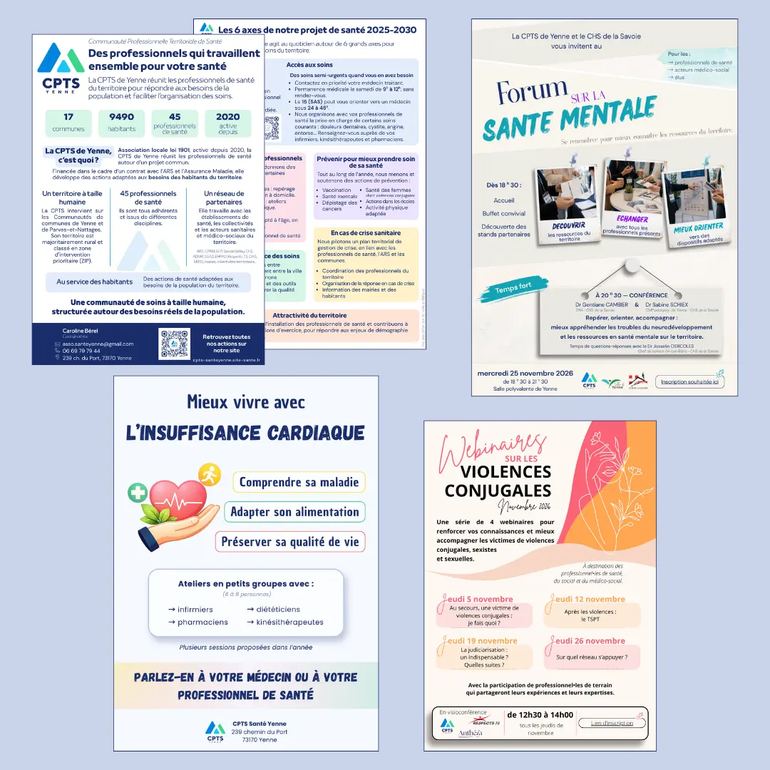 Aperçu de plusieurs supports de communication réalisés pour la CPTS de Yenne