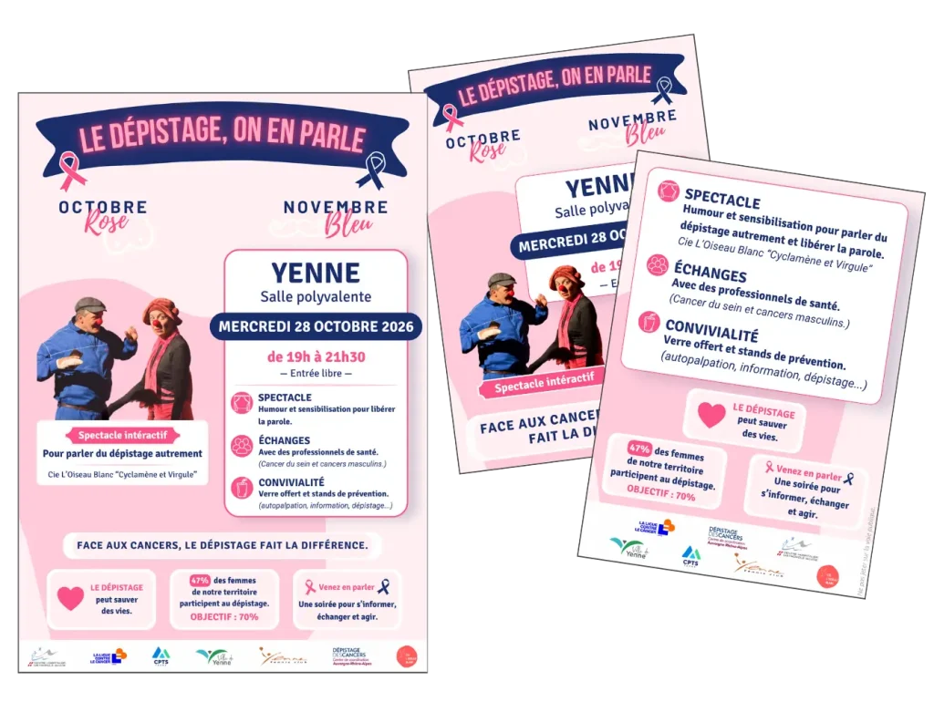 Affiche et flyer recto verso de la campagne Octobre Rose et Novembre Bleu réalisés pour la CPTS de Yenne