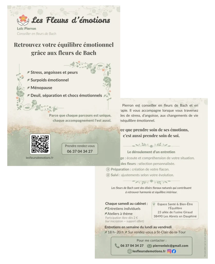 Flyer recto verso réalisé pour Loïc Pierron, conseiller en fleurs de Bach