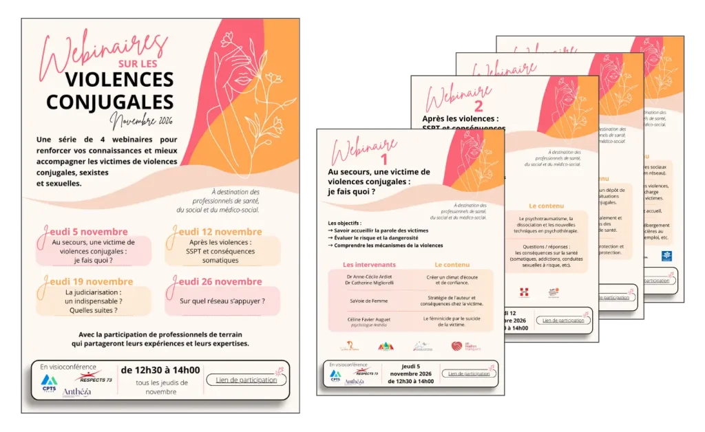 Affiche générale et déclinaison des quatre affiches de webinaires sur les violences conjugales réalisée pour la CPTS de Yenne